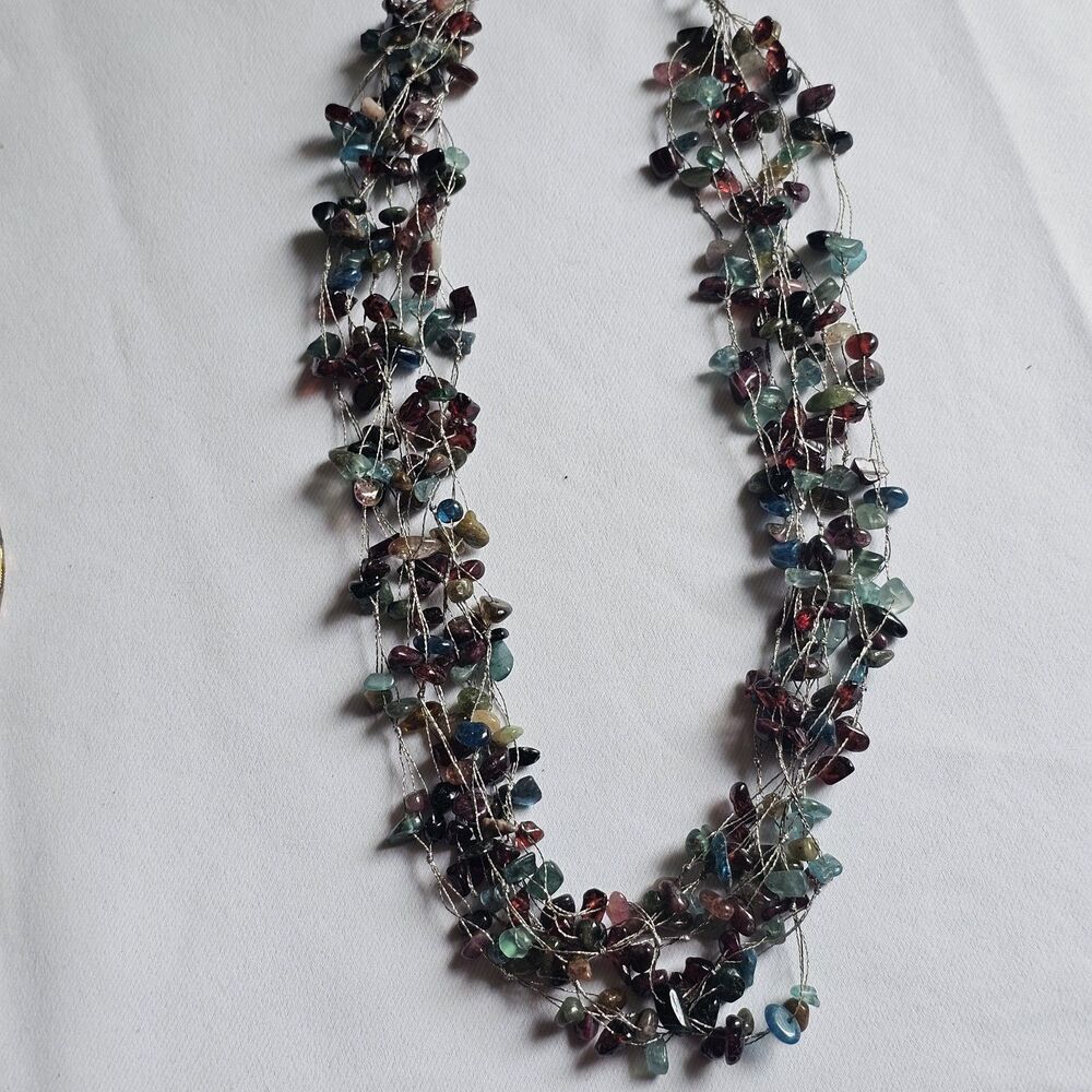 Vintage 925 Sterling Silver Multi Strand Colorful Gemstone Chip Necklace Boho
